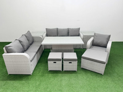 Fimous 10 Seater Poly Rattan Outdoor Garden Furniture Adjustable Lifting Dining Or Coffee Table Sofa Set 3 Stools 2 Side Table
