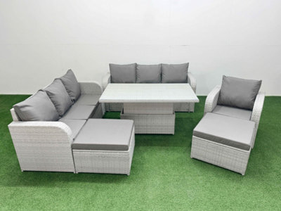 Fimous 9 Seater Poly Rattan Outdoor Garden Furniture Adjustable Lifting Dining Or Coffee Table Sofa Set 2 Big Footstools
