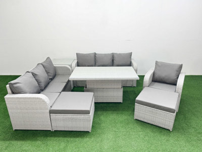 Fimous 9 Seater Poly Rattan Outdoor Garden Furniture Adjustable Lifting Dining Or Coffee Table Sofa Set 2 Footstools Side Table