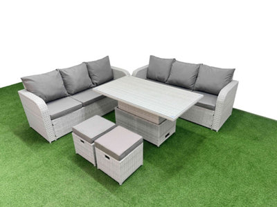 Fimous Outdoor Garden Furniture Sets 8 Seater Adjustable Lifting Dining Or Coffee Table High Back Lounge Sofa Stools