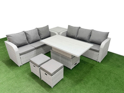 Fimous Outdoor Garden Furniture Sets 8 Seater Adjustable Lifting Dining Or Coffee Table High Back Lounge Sofa Stools Side Table