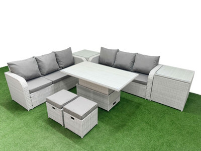 Fimous Outdoor Garden Furniture Sets 8 Seater Adjustable Lifting Dining Or Coffee Table High Back Lounge Sofa Stools 2 Side Table