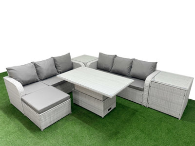 Fimous Outdoor Garden Furniture Sets 7 Seater Adjustable Lifting Dining Or Coffee Table Lounge Sofa Big Footstool 2 Side Table