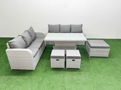 Fimous Outdoor Garden Furniture Sets 9 Seater Adjustable Lifting Dining Or Coffee Table High Back Lounge Sofa 3 Stools