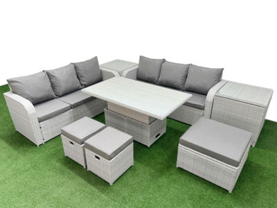 Fimous Outdoor Garden Furniture Sets 9 Seater Adjustable Lifting Dining Or Coffee Table Lounge Sofa 3 Stools 2 Side Table