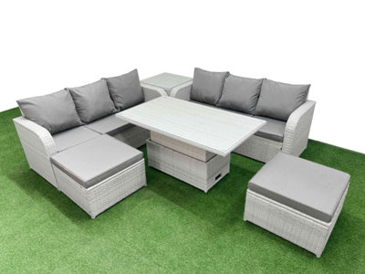 Fimous Outdoor Garden Furniture Sets 8 Seater Adjustable Lifting Dining Or Coffee Table Lounge Sofa 2 Big Footstool Side Table