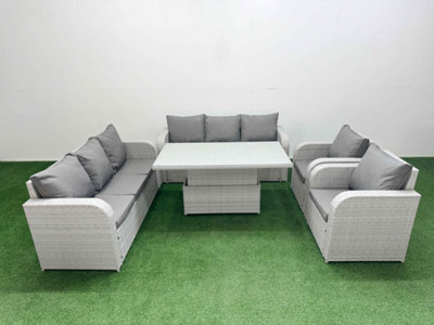 Fimous Pe Rattan High Back Lounge Sofa Set Adjustable Lifting Dining Or Coffee Table & Chairs Set Light/Grey