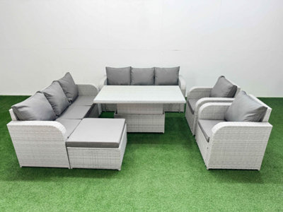 Fimous Pe Rattan High Back Lounge Sofa Set Adjustable Lifting Dining Or Coffee Table & Chairs Set Big Footstool Light Grey from B&Q