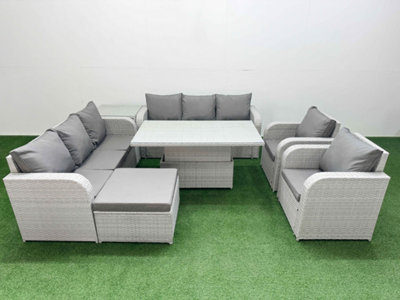 Fimous Pe Rattan High Back Lounge Sofa Set Adjustable Lifting Dining Or Coffee Table & Chairs Set Big Footstool Side Table