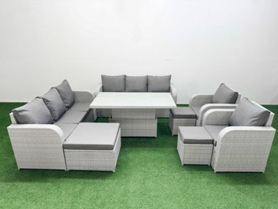 Fimous Pe Rattan High Back Lounge Sofa Set Adjustable Lifting Dining Or Coffee Table & Chairs Set 3 Stools Light Grey from B&Q