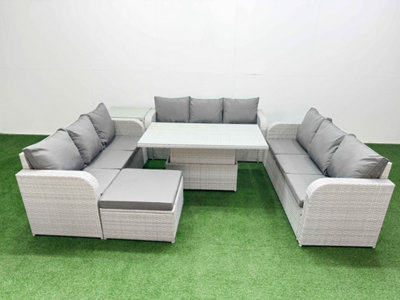 Fimous 10 Seater Outdoor Garden Furniture Set Adjustable Lifting Dining Or Coffee Table 3 Seater Sofa Big Footstool Side Table