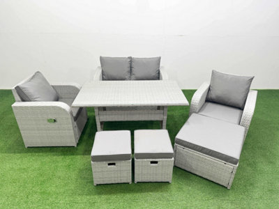 B&Q -  Light Grey Pe Wicker Rattan Garden Furniture Set Sofa Set Reclining Chair Rectangular Dining Table 7 Seater 3 Stools