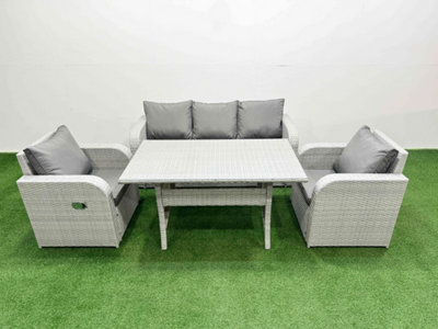 Fimous Pe Rattan Garden Furniture Set Reclining Chair Sofa Lounge Sofa Set Rectangular Dining Table Light/Grey