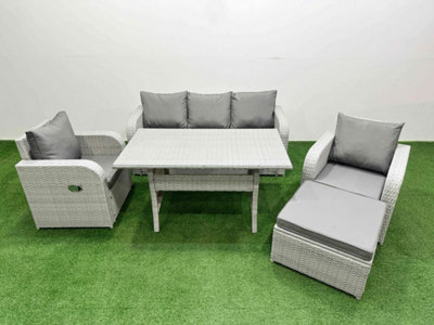Fimous Light/Grey Pe Rattan Garden Furniture Set Reclining Chair Sofa Lounge Sofa Set Rectangular Dining Table Big Footstool