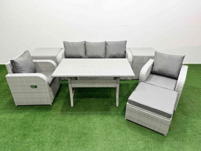 Fimous Pe Rattan Garden Furniture Set Reclining Chair Sofa Lounge Sofa Set Rectangular Dining Table 2 Side Table Big Footstool