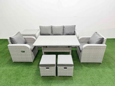 Fimous Pe Rattan Garden Furniture Set Reclining Chair Sofa Lounge Sofa Set Rectangular Dining Table Side Table 2 Small Stools
