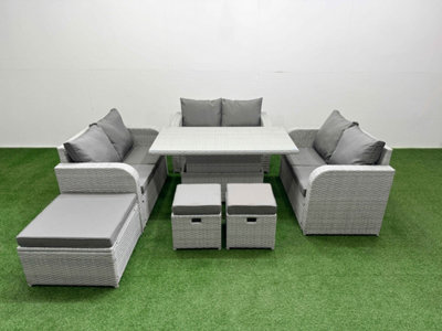 B&Q -  9 Seater Pe Wicker Rattan Furniture Sofa Sets Adjustable Lifting Dining Or Coffee Table 3 Stool Light Grey