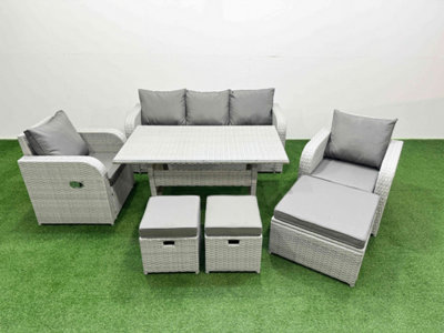 Fimous Pe Rattan Garden Furniture Set Reclining Chair Sofa Lounge Sofa Set Rectangular Dining Table 3 Stools Light/Grey