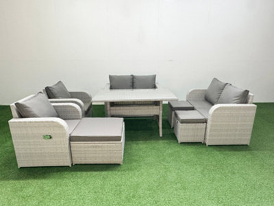 Fimous 9 Seater Outdoor Reclining Chair Love Sofa Set Rattan Garden Furniture Set Rectangular Dining Table 3 Stools Light Grey from B&Q