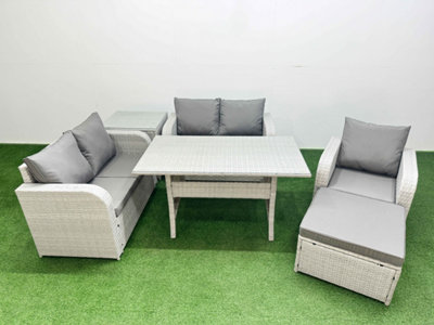 Fimous High Back Poly Rattan Garden Furniture Set Reclining Chair Loveseat Sofa Indoor Outdoor Set Big Stool Side Table