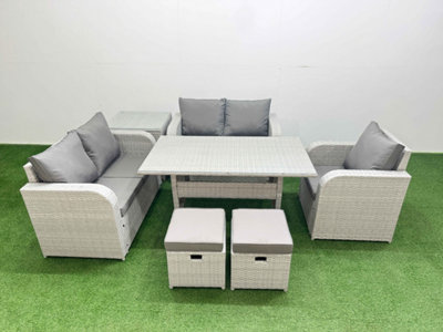 Fimous High Back Poly Rattan Garden Furniture Set Reclining Chair Loveseat Sofa Indoor Outdoor Set 2 Stool Side Table