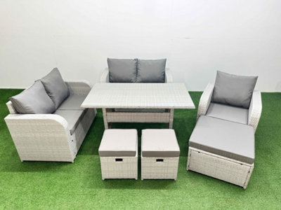 Fimous High Back Poly Rattan Garden Furniture Set Reclining Chair Loveseat Sofa Indoor Outdoor Set 3 Stools Light/Grey