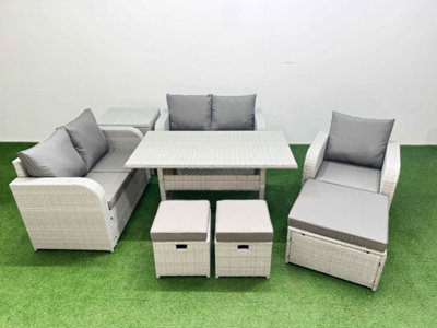 Fimous High Back Poly Rattan Garden Furniture Set Reclining Chair Loveseat Sofa Indoor Outdoor Set 3 Stools Side Table