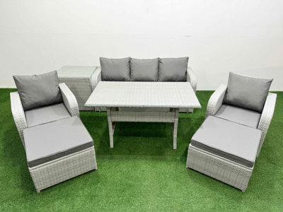 Fimous Pe Rattan Garden Furniture Set Reclining Chair Sofa Lounge Sofa Set Rectangular Dining Table Side Table 2 Big Footstool