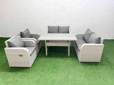 B&Q -  6 Seater Outdoor Reclining Chair Love Sofa Set Rattan Garden Furniture Set Rectangular Dining Table Light Grey