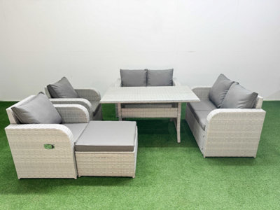 Fimous 7 Seater Outdoor Reclining Chair Love Sofa Set Rattan Garden Furniture Set Rectangular Dining Table Footstool Light/Grey