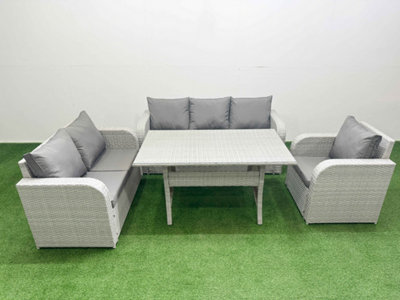Fimous Pe Wicker 6 Seater Outdoor Rattan Furniture Sofa Sets Reclining Chair Loveseat Sofa 3 Seater Sofa Light/Grey