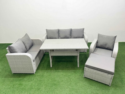 Fimous Pe Wicker 7 Seater Outdoor Rattan Furniture Sofa Sets Reclining Chair 3 Seater Sofa Big Footstool Light/Grey