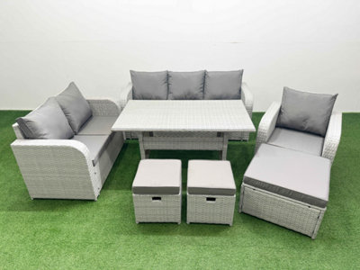 Fimous Pe Wicker 9 Seater Outdoor Rattan Furniture Sofa Sets Reclining Chair Loveseat Sofa 3 Seater Sofa Stool Light/Grey