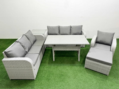Fimous 8 Seater Poly Rattan Outdoor Garden Furniture Rectangular Dining Table Sofa Set 3 Seater Sofa Big Footstool Side Table