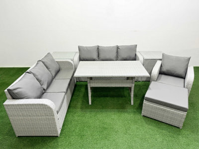 Fimous 8 Seater Poly Rattan Outdoor Garden Furniture Rectangular Dining Table Sofa Set 3 Seater Sofa Big Footstool 2 Side Table