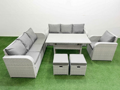 Fimous 9 Seater Poly Rattan Outdoor Garden Furniture Rectangular Dining Table Sofa Set 3 Seater Sofa Stools Light/Grey