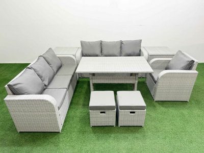 Fimous 9 Seater Poly Rattan Outdoor Garden Furniture Rectangular Dining Table Sofa Set 3 Seater Sofa Stools 2 Side Table