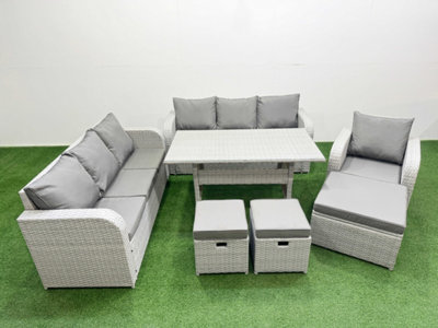 Fimous 10 Seater Poly Rattan Outdoor Garden Furniture Rectangular Dining Table Sofa Set 3 Seater Sofa 3 Stools Light/Grey