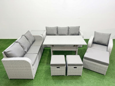 Fimous 10 Seater Poly Rattan Outdoor Garden Furniture Rectangular Dining Table Sofa Set 3 Seater Sofa 3 Stools Side Table
