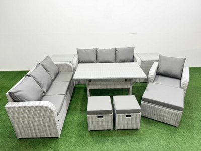 Fimous 10 Seater Poly Rattan Outdoor Garden Furniture Rectangular Dining Table Sofa Set 3 Seater Sofa 3 Stools 2 Side Table