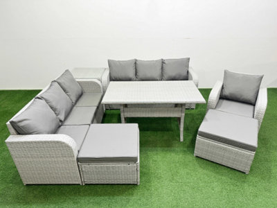 Fimous 9 Seater Poly Rattan Outdoor Garden Furniture Rectangular Dining Table Sofa Set 3 Seater Sofa 2 Big Footstools Side Table