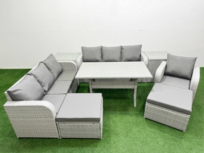 Fimous 9 Seater Poly Rattan Outdoor Garden Furniture Rectangular Dining Table Sofa Set 3 Seater Sofa 2 Big Footstool 2 Side Table
