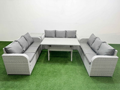 Fimous Pe Rattan Lounge Sofa Set 9 Seater Outdoor Garden Furniture Set Rectangular Dining Table 3 Seater Sofa Side Table