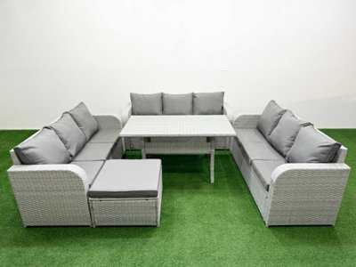Fimous Pe Rattan Lounge Sofa Set 10 Seater Outdoor Garden Furniture Set Rectangular Dining Table 3 Seater Sofa Big Footstool