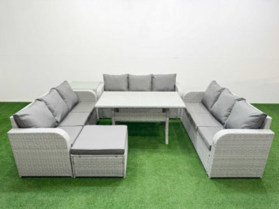 Fimous Pe Rattan Lounge Sofa Set Outdoor Garden Furniture Set Rectangular Dining Table 3 Seater Sofa Big Footstool Side Table