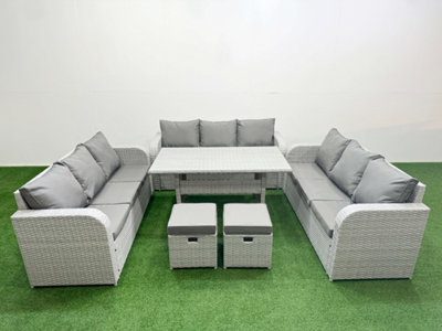 B&Q -  Pe Rattan Lounge Sofa Set 11 Seater Outdoor Garden Furniture Set Rectangular Dining Table 3 Seater Sofa 2 Stools Light Grey
