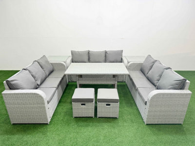 Fimous Pe Rattan Lounge Sofa Set Outdoor Garden Furniture Set Rectangular Dining Table 3 Seater Sofa 2 Stools 2 Side Table
