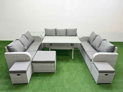 Fimous Pe Rattan Lounge Sofa Set 12 Seater Outdoor Garden Furniture Set Rectangular Dining Table 3 Seater Sofa 3 Stools Side Table