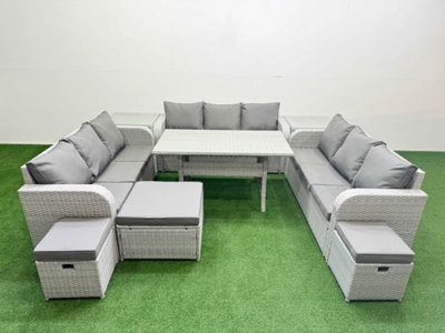 Fimous Pe Rattan Lounge Sofa Set Outdoor Garden Furniture Set Rectangular Dining Table 3 Seater Sofa 3 Stools 2 Side Table
