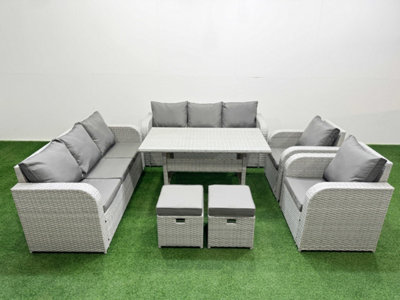 Fimous Pe Rattan High Back Lounge Sofa Set Rectangular Dining Table & Chairs Set 3 Seater Sofastools Light/Grey